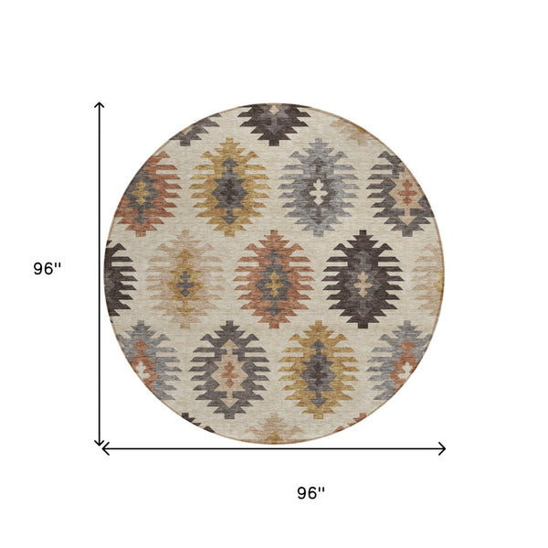 HomeRoots 5' Southwestern Indoor Outdoor Area Rug in Beige, Copper & Gray – Durable, Stylish, Washable Design 8' Round 615112