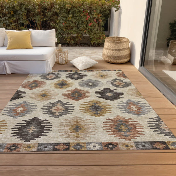 HomeRoots 5' Southwestern Indoor Outdoor Area Rug in Beige, Copper & Gray – Durable, Stylish, Washable Design 10' X 14' 615115