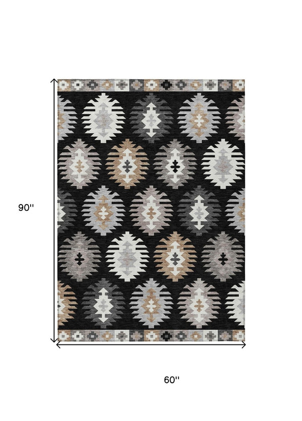 HomeRoots 5' Southwestern Indoor Outdoor Area Rug in Black, Ivory & Taupe - Durable, Washable & Stylish Design 5' X 8' 615117