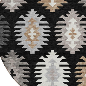 HomeRoots 5' Southwestern Indoor Outdoor Area Rug in Black, Ivory & Taupe - Durable, Washable & Stylish Design 8' Round 615118