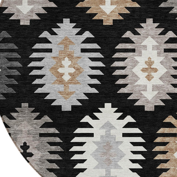 HomeRoots 5' Southwestern Indoor Outdoor Area Rug in Black, Ivory & Taupe - Durable, Washable & Stylish Design 8' Round 615118