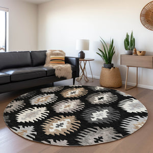 HomeRoots 5' Southwestern Indoor Outdoor Area Rug in Black, Ivory & Taupe - Durable, Washable & Stylish Design 8' Round 615118