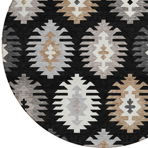 HomeRoots 5' Southwestern Indoor Outdoor Area Rug in Black, Ivory & Taupe - Durable, Washable & Stylish Design 8' Round 615118