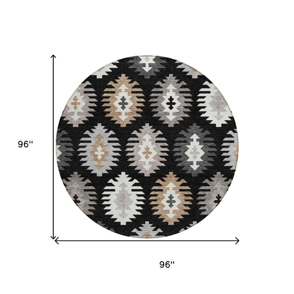 HomeRoots 5' Southwestern Indoor Outdoor Area Rug in Black, Ivory & Taupe - Durable, Washable & Stylish Design 8' Round 615118