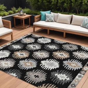 HomeRoots 5' Southwestern Indoor Outdoor Area Rug in Black, Ivory & Taupe - Durable, Washable & Stylish Design 9' X 12' 615120