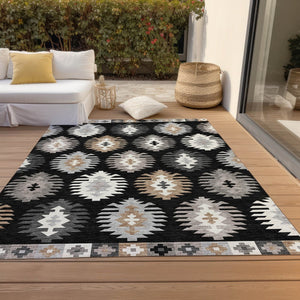 HomeRoots 5' Southwestern Indoor Outdoor Area Rug in Black, Ivory & Taupe - Durable, Washable & Stylish Design 9' X 12' 615120
