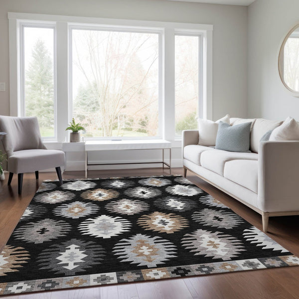 HomeRoots 5' Southwestern Indoor Outdoor Area Rug in Black, Ivory & Taupe - Durable, Washable & Stylish Design 9' X 12' 615120