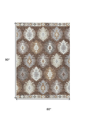 HomeRoots 5' Southwestern Area Rug in Brown, Ivory & Taupe – Durable, Machine Washable for Indoor & Outdoor Use 5' X 8' 615123