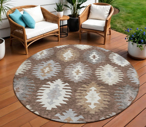 HomeRoots 5' Southwestern Area Rug in Brown, Ivory & Taupe – Durable, Machine Washable for Indoor & Outdoor Use 8' Round 615124