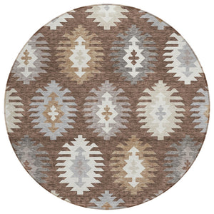 HomeRoots 5' Southwestern Area Rug in Brown, Ivory & Taupe – Durable, Machine Washable for Indoor & Outdoor Use 8' Round 615124