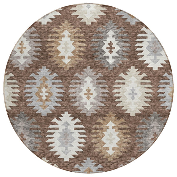 HomeRoots 5' Southwestern Area Rug in Brown, Ivory & Taupe – Durable, Machine Washable for Indoor & Outdoor Use 8' Round 615124