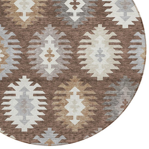 HomeRoots 5' Southwestern Area Rug in Brown, Ivory & Taupe – Durable, Machine Washable for Indoor & Outdoor Use 8' Round 615124