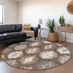 HomeRoots 5' Southwestern Area Rug in Brown, Ivory & Taupe – Durable, Machine Washable for Indoor & Outdoor Use 8' Round 615124