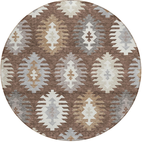 HomeRoots 5' Southwestern Area Rug in Brown, Ivory & Taupe – Durable, Machine Washable for Indoor & Outdoor Use 8' Round 615124