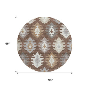 HomeRoots 5' Southwestern Area Rug in Brown, Ivory & Taupe – Durable, Machine Washable for Indoor & Outdoor Use 8' Round 615124