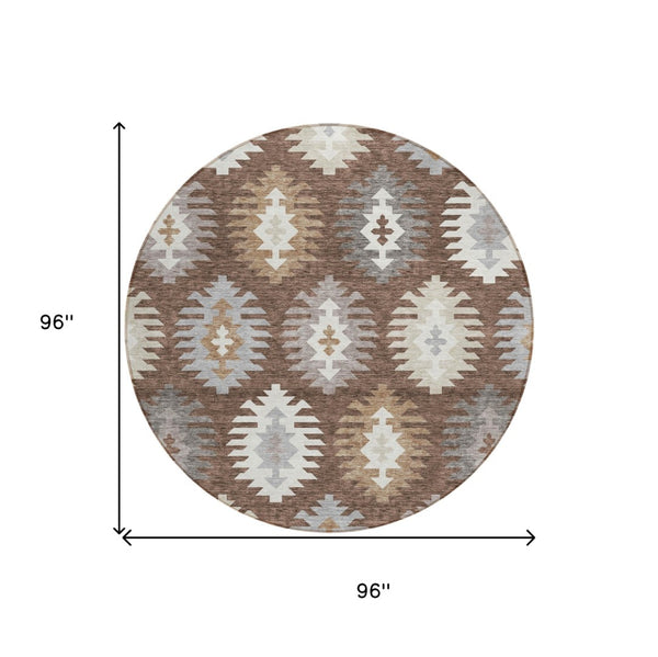 HomeRoots 5' Southwestern Area Rug in Brown, Ivory & Taupe – Durable, Machine Washable for Indoor & Outdoor Use 8' Round 615124