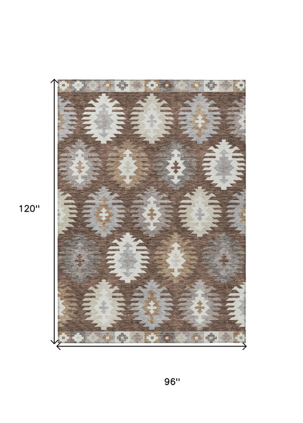 HomeRoots 5' Southwestern Area Rug in Brown, Ivory & Taupe – Durable, Machine Washable for Indoor & Outdoor Use 8' X 10' 615125