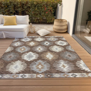 HomeRoots 5' Southwestern Area Rug in Brown, Ivory & Taupe – Durable, Machine Washable for Indoor & Outdoor Use 9' X 12' 615126