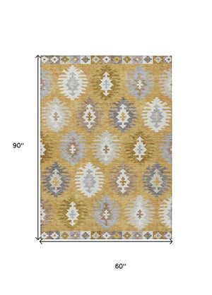 HomeRoots 5' Southwestern Washable Area Rug in Gold, Ivory & Taupe – Perfect for Indoor & Outdoor Spaces! 5' X 8' 615129