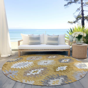 HomeRoots 5' Southwestern Washable Area Rug in Gold, Ivory & Taupe – Perfect for Indoor & Outdoor Spaces! 8' Round 615130
