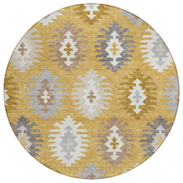 HomeRoots 5' Southwestern Washable Area Rug in Gold, Ivory & Taupe – Perfect for Indoor & Outdoor Spaces! 8' Round 615130