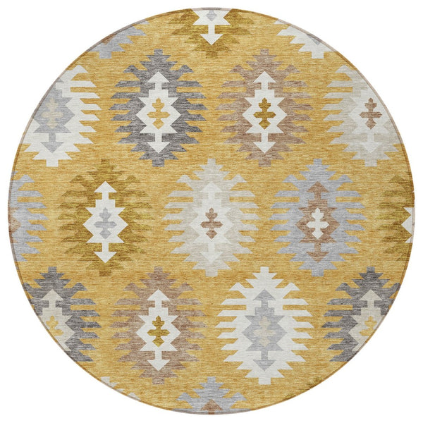 HomeRoots 5' Southwestern Washable Area Rug in Gold, Ivory & Taupe – Perfect for Indoor & Outdoor Spaces! 8' Round 615130