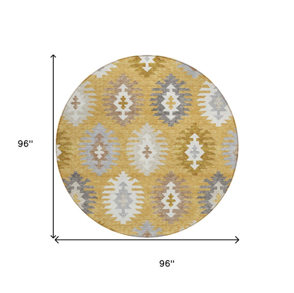 HomeRoots 5' Southwestern Washable Area Rug in Gold, Ivory & Taupe – Perfect for Indoor & Outdoor Spaces! 8' Round 615130