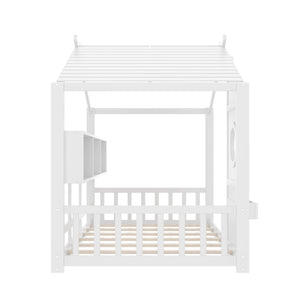English Elm Twin House Floor Bed for Kids Montessori Playhouse with Roof, Built-In Shelf, Sturdy Pine Frame, Safeologna White 78.6 L x 16.6 W x 6.85 H N733P335064K