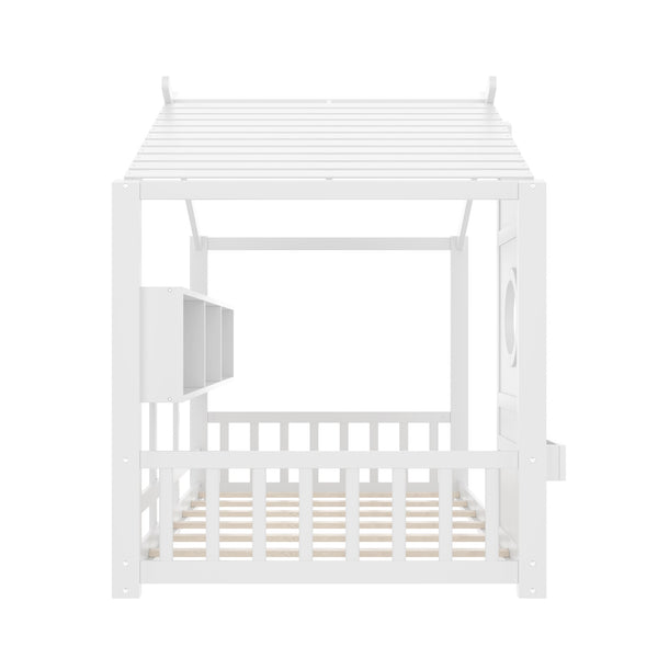 English Elm Twin House Floor Bed for Kids Montessori Playhouse with Roof, Built-In Shelf, Sturdy Pine Frame, Safeologna White 78.6 L x 16.6 W x 6.85 H N733P335064K