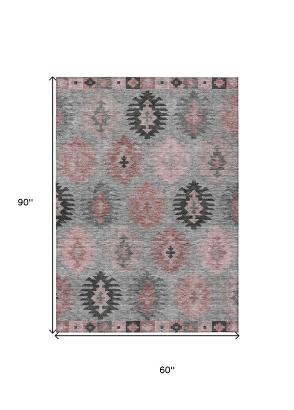 HomeRoots 5' Southwestern Area Rug in Gray, Mauve & Charcoal - Durable, Washable, Indoor/Outdoor Perfection! 5' X 8' 615135