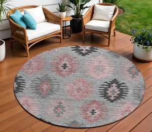 HomeRoots 5' Southwestern Area Rug in Gray, Mauve & Charcoal - Durable, Washable, Indoor/Outdoor Perfection! 8' Round 615136