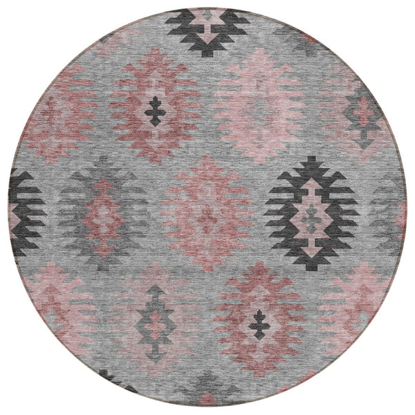 HomeRoots 5' Southwestern Area Rug in Gray, Mauve & Charcoal - Durable, Washable, Indoor/Outdoor Perfection! 8' Round 615136