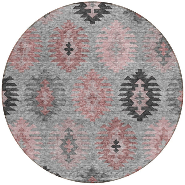 HomeRoots 5' Southwestern Area Rug in Gray, Mauve & Charcoal - Durable, Washable, Indoor/Outdoor Perfection! 8' Round 615136