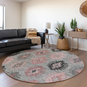 HomeRoots 5' Southwestern Area Rug in Gray, Mauve & Charcoal - Durable, Washable, Indoor/Outdoor Perfection! 8' Round 615136