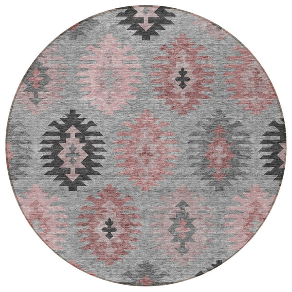 HomeRoots 5' Southwestern Area Rug in Gray, Mauve & Charcoal - Durable, Washable, Indoor/Outdoor Perfection! 8' Round 615136