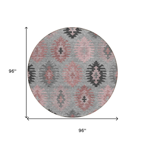 HomeRoots 5' Southwestern Area Rug in Gray, Mauve & Charcoal - Durable, Washable, Indoor/Outdoor Perfection! 8' Round 615136