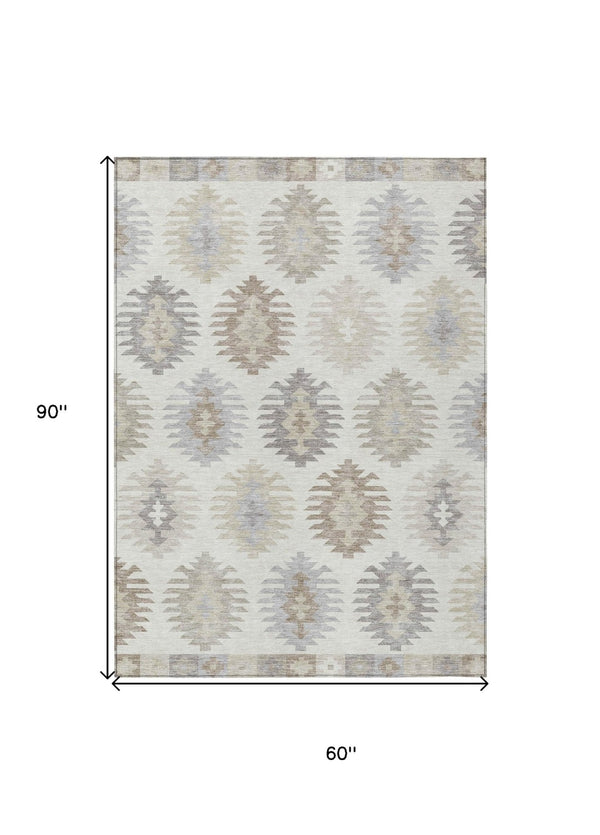 HomeRoots 5' Southwestern Area Rug in Ivory, Khaki & Gray - Durable, Washable Design for Indoor & Outdoor Spaces 5' X 8' 615141