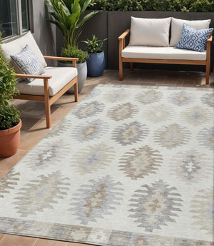HomeRoots 5' Southwestern Area Rug in Ivory, Khaki & Gray - Durable, Washable Design for Indoor & Outdoor Spaces 5' X 8' 615141