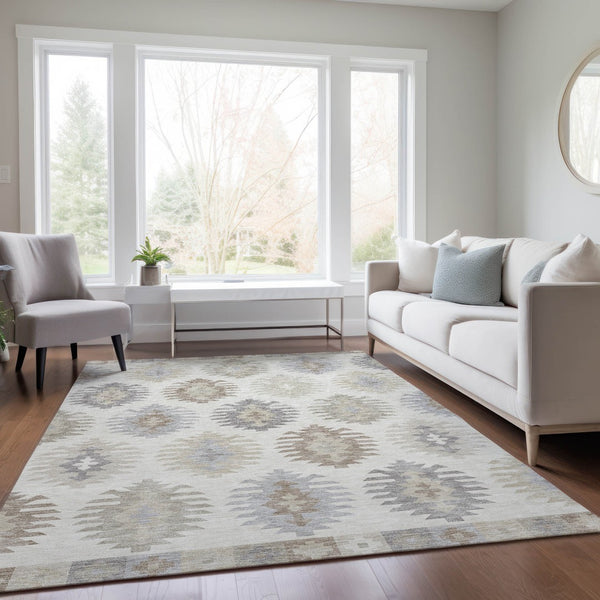 HomeRoots 5' Southwestern Area Rug in Ivory, Khaki & Gray - Durable, Washable Design for Indoor & Outdoor Spaces 5' X 8' 615141