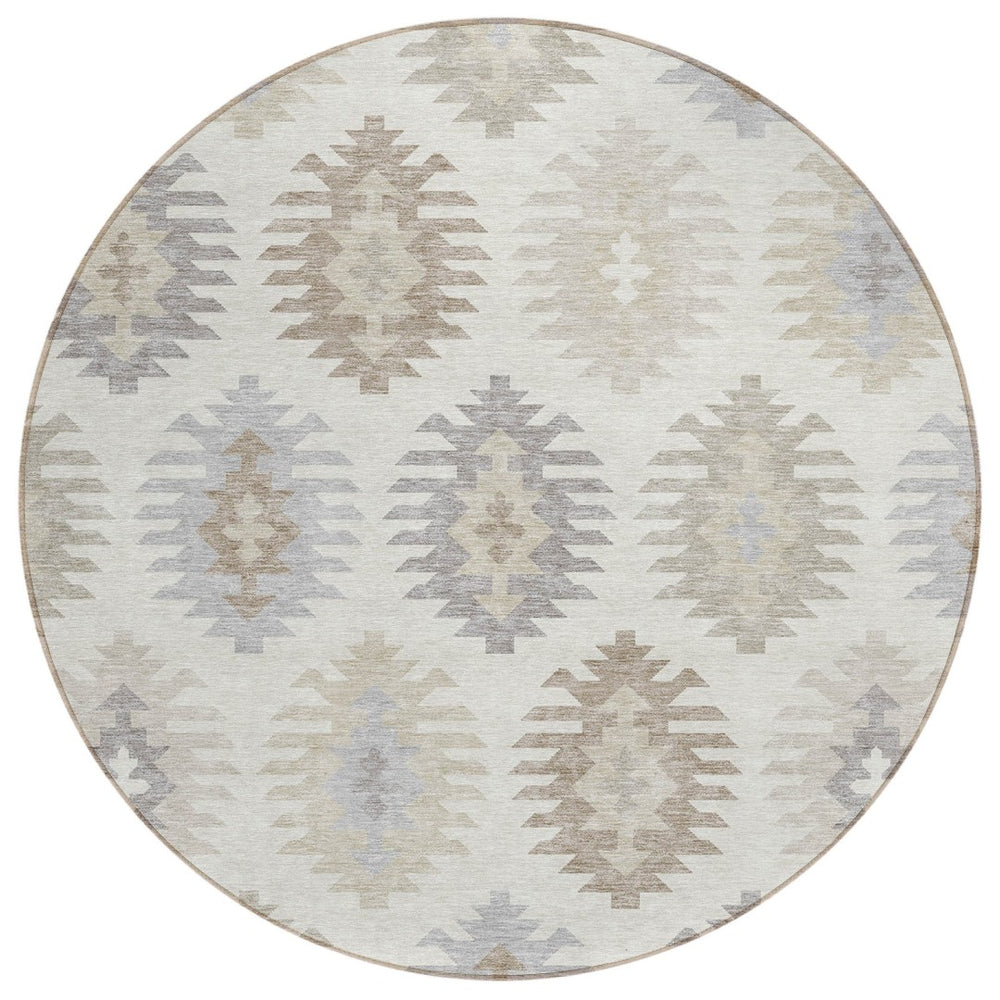 HomeRoots 5' Southwestern Area Rug in Ivory, Khaki & Gray - Durable, Washable Design for Indoor & Outdoor Spaces 8' Round 615142