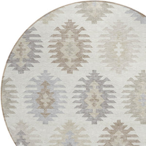 HomeRoots 5' Southwestern Area Rug in Ivory, Khaki & Gray - Durable, Washable Design for Indoor & Outdoor Spaces 8' Round 615142