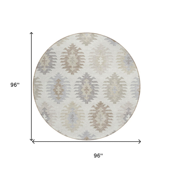 HomeRoots 5' Southwestern Area Rug in Ivory, Khaki & Gray - Durable, Washable Design for Indoor & Outdoor Spaces 8' Round 615142