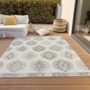 HomeRoots 5' Southwestern Area Rug in Ivory, Khaki & Gray - Durable, Washable Design for Indoor & Outdoor Spaces 10' X 14' 615145