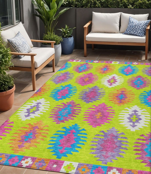 HomeRoots 5' Vibrant Southwestern Indoor Outdoor Area Rug in Lime Green, Pink, and Purple – Washable & Durable 5' X 8' 615147