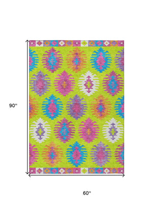 HomeRoots 5' Vibrant Southwestern Indoor Outdoor Area Rug in Lime Green, Pink, and Purple – Washable & Durable 5' X 8' 615147
