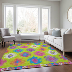 HomeRoots 5' Vibrant Southwestern Indoor Outdoor Area Rug in Lime Green, Pink, and Purple – Washable & Durable 5' X 8' 615147