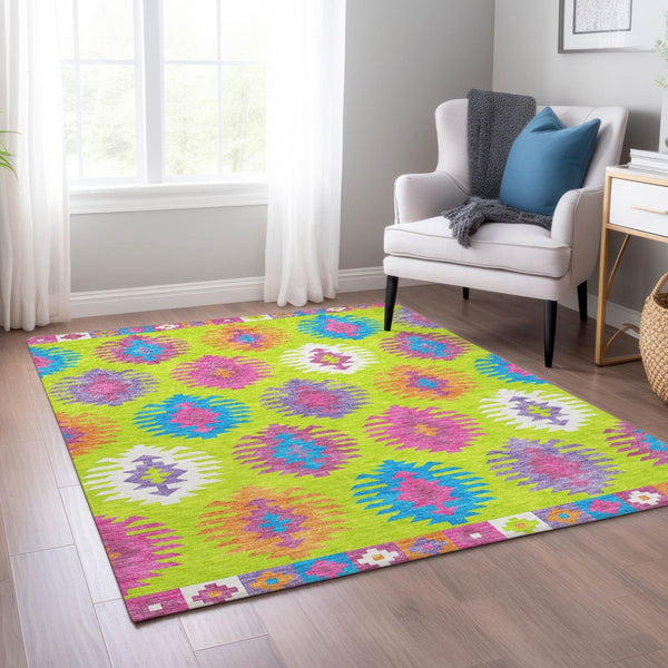 HomeRoots 5' Vibrant Southwestern Indoor Outdoor Area Rug in Lime Green, Pink, and Purple – Washable & Durable 5' X 8' 615147
