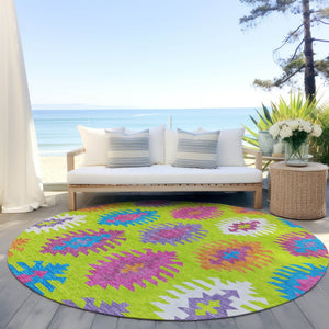 HomeRoots 5' Vibrant Southwestern Indoor Outdoor Area Rug in Lime Green, Pink, and Purple – Washable & Durable 8' Round 615148