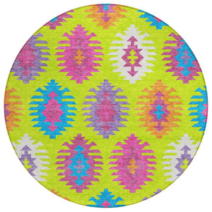 HomeRoots 5' Vibrant Southwestern Indoor Outdoor Area Rug in Lime Green, Pink, and Purple – Washable & Durable 8' Round 615148