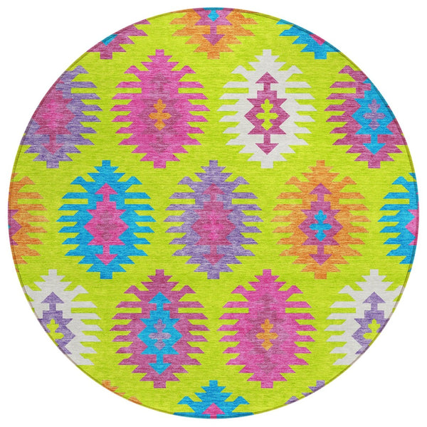 HomeRoots 5' Vibrant Southwestern Indoor Outdoor Area Rug in Lime Green, Pink, and Purple – Washable & Durable 8' Round 615148